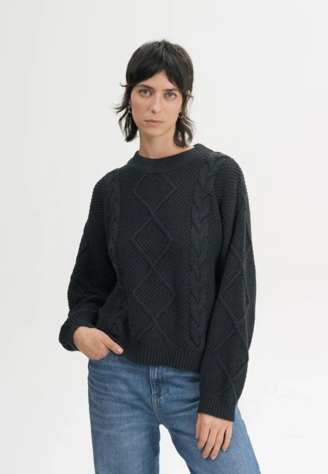 MELA SAMAIRA Zopfstrickpullover schwarz M Baumwolle