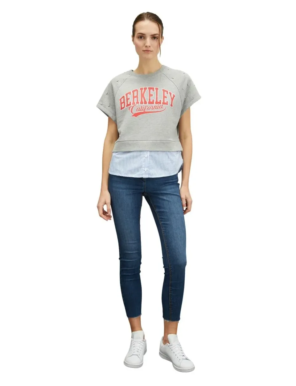 Motivi Sweatshirt mit Popeline-Einsätzen kurzarm Steinchen
