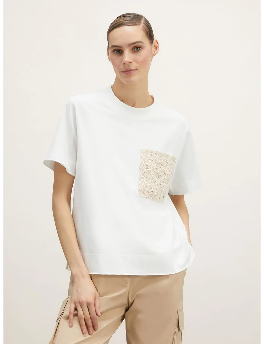 Motivi Boxy-T-Shirt Baumwolle gehaekelte Tasche