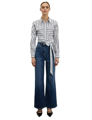 Motivi Gestreifte Cropped-Hemdbluse mit Gürtel
