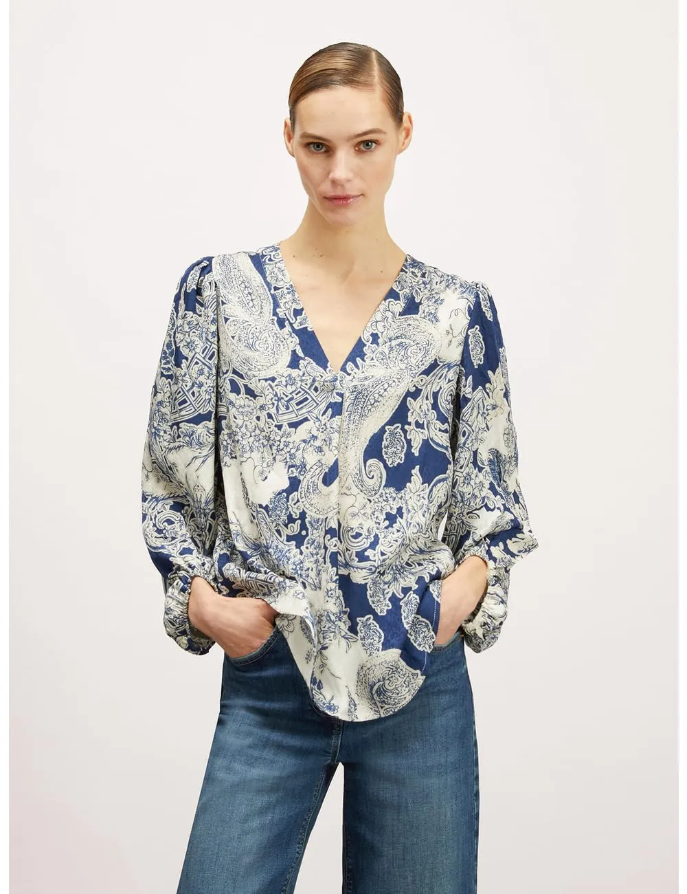 Motivi Jacquard-Bluse V-Ausschnitt Damen langarm