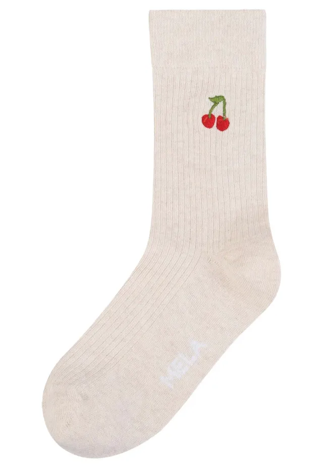 MELA Socken Stickerei gerippt 1 Paar cream klee Bio-Baumwolle