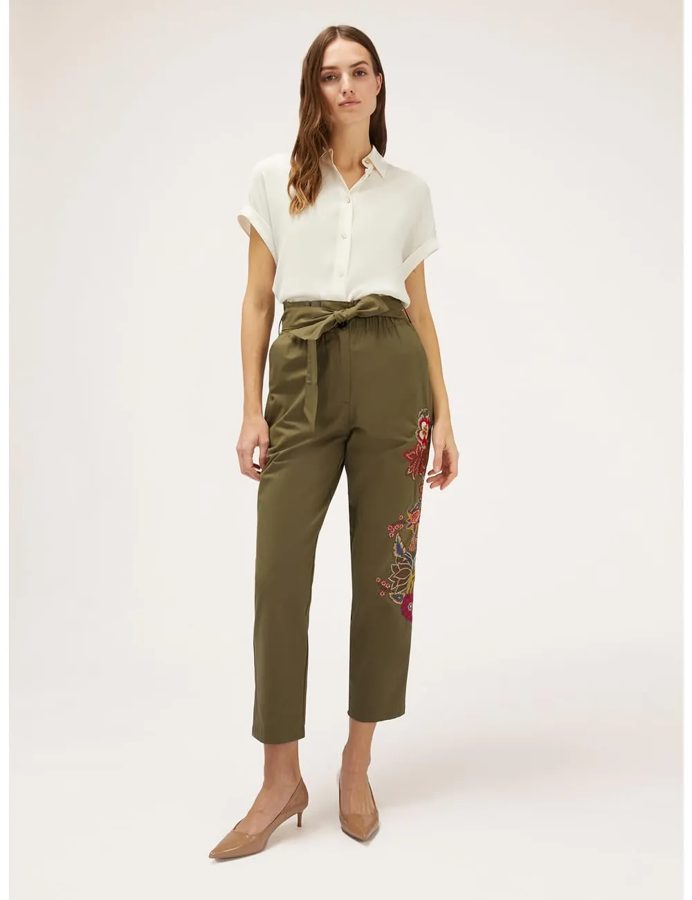 Motivi Paperbag-Hose Blumenstickerei Baumwolle Lyocell