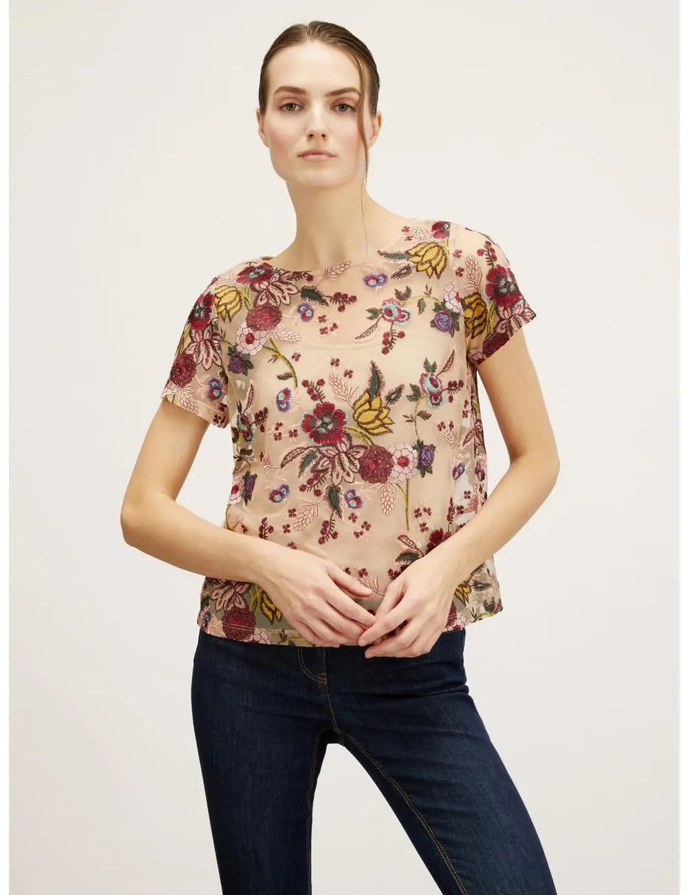 Motivi T-Shirt Tüll bestickt Boxy U-Boot-Ausschnitt