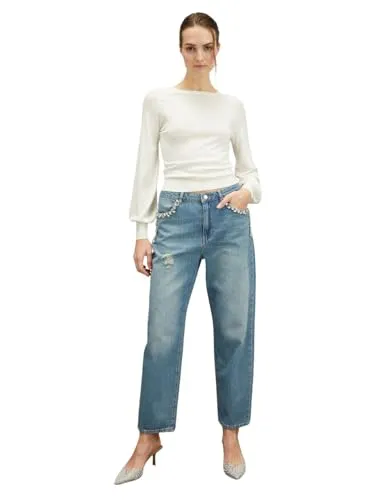 Motivi Balloon-Jeans hellblau Denim mit Strass-Stickerei