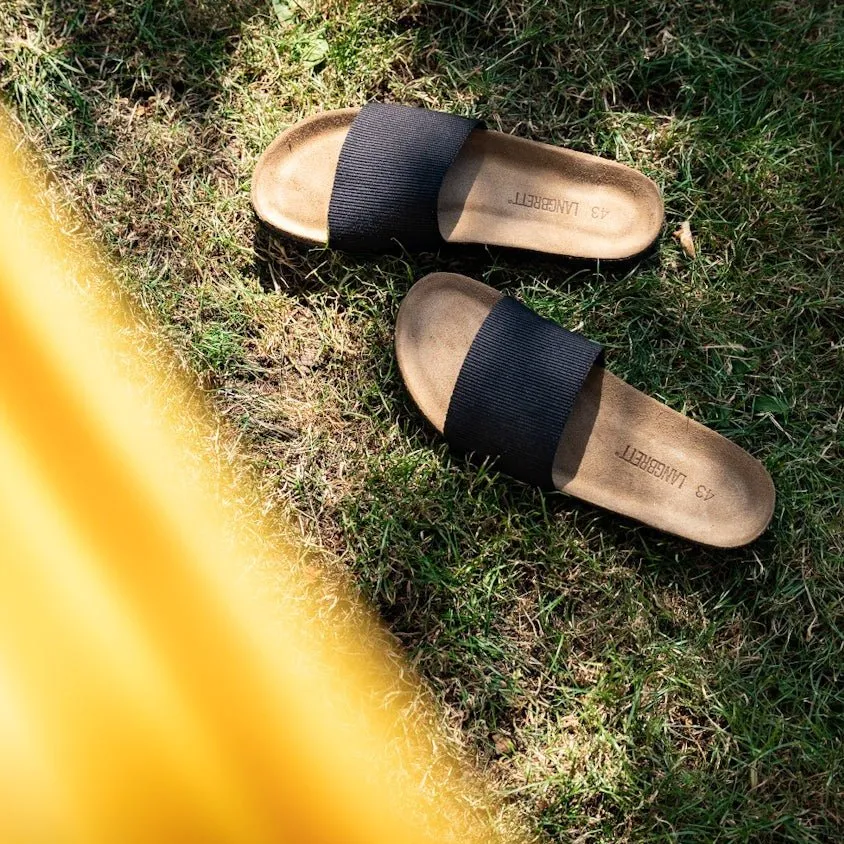 Langbrett Gurlette Pantolette Textil schwarz Kork-Fußbett