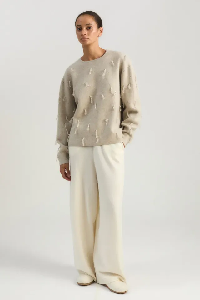 Oyuna Kulan Sweater Feather Jacquard-Strick Fransen Größe M
