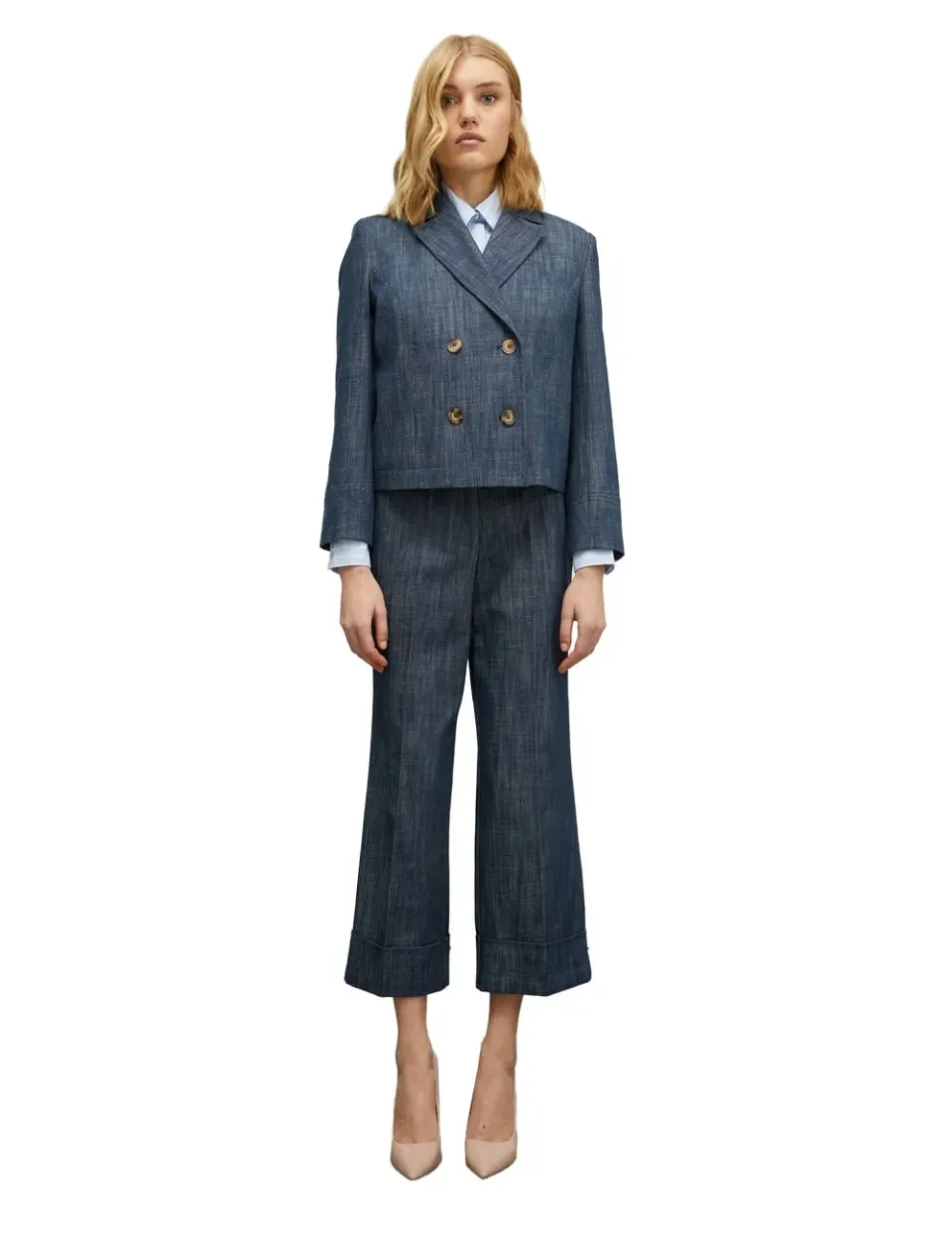 Motivi Denim-Blazer zweireihig Blau 42 geflammt