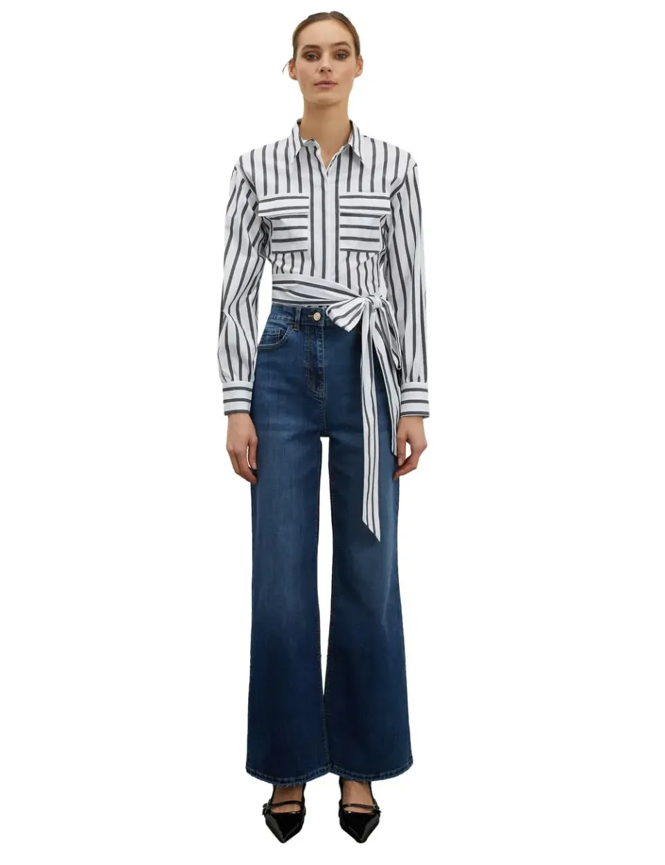 Motivi Gestreifte Cropped-Hemdbluse mit Gürtel