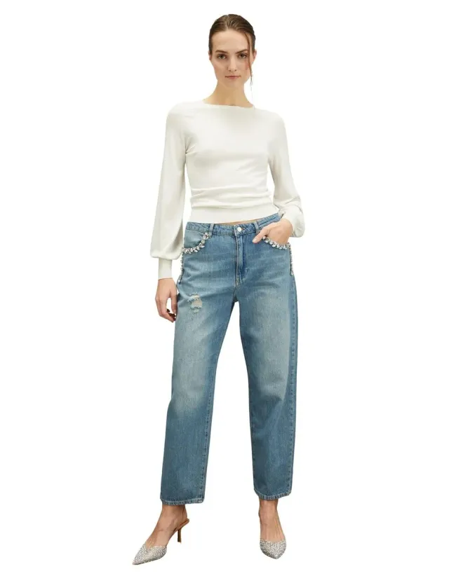 Motivi Balloon-Jeans hellblau Denim mit Strass-Stickerei