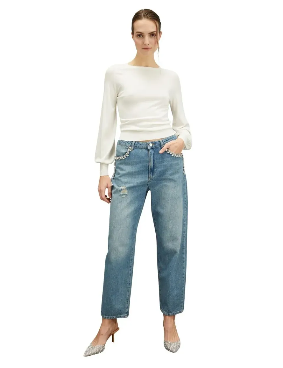 Motivi Balloon-Jeans hellblau Denim mit Strass-Stickerei