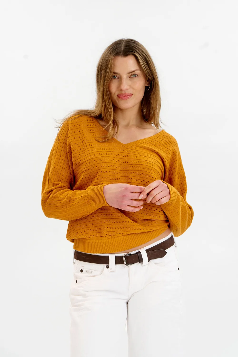 Komodo Pia Pullover Senf Lochstrick Bio-Baumwolle