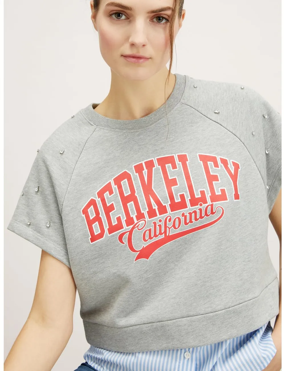 Motivi Sweatshirt mit Popeline-Einsätzen kurzarm Steinchen