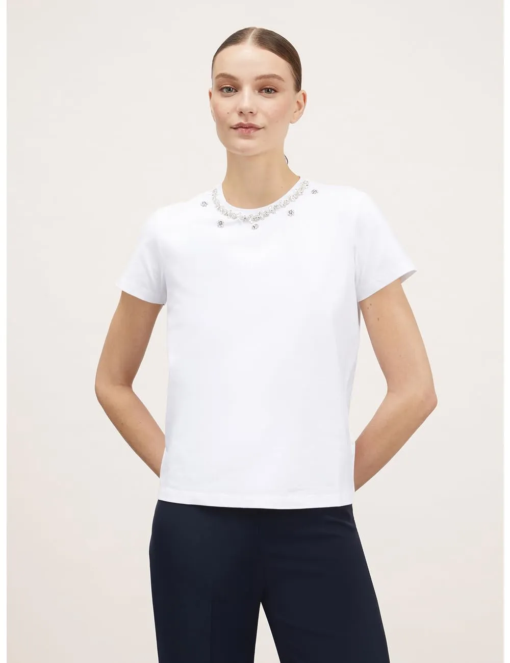 Motivi T-Shirt Spring Summer 24 Steinchen-Ausschnitt Baumwolle