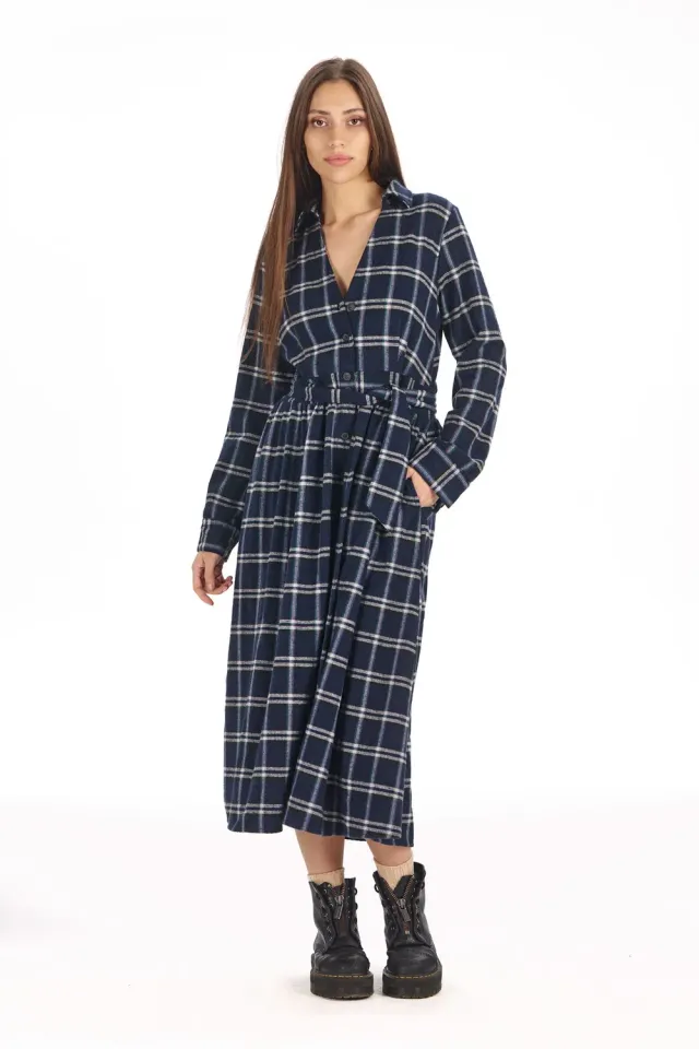 KOMODO HIGHLAND Kleid Navy-Grün Karo Bio-Baumwolle