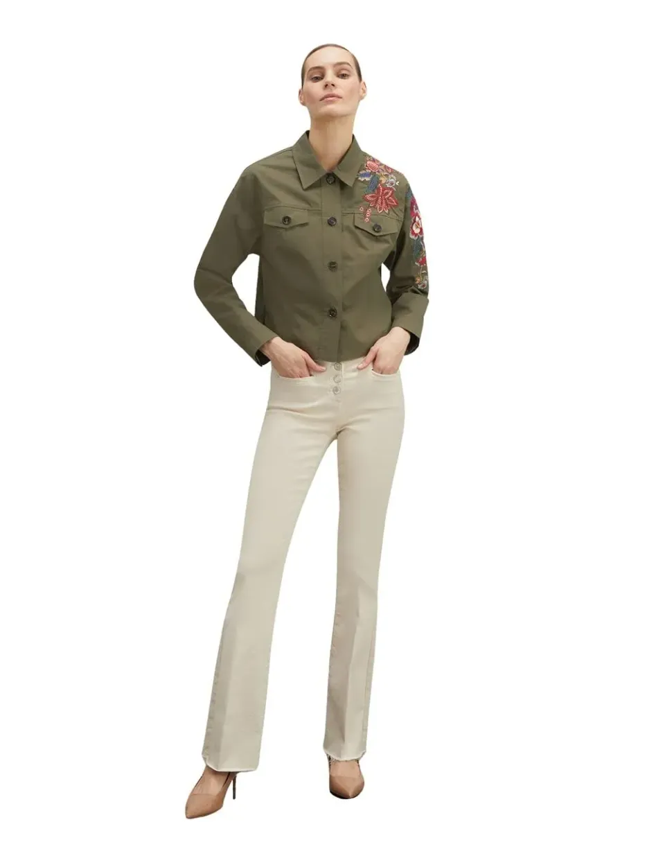 Motivi kurze Jacke mit Blumenstickerei Baumwolle Fransensaum