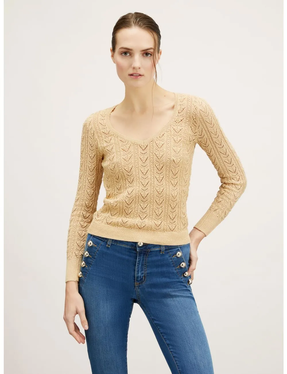 Motivi Spring Summer 24 Pullover V-Ausschnitt Lochmuster