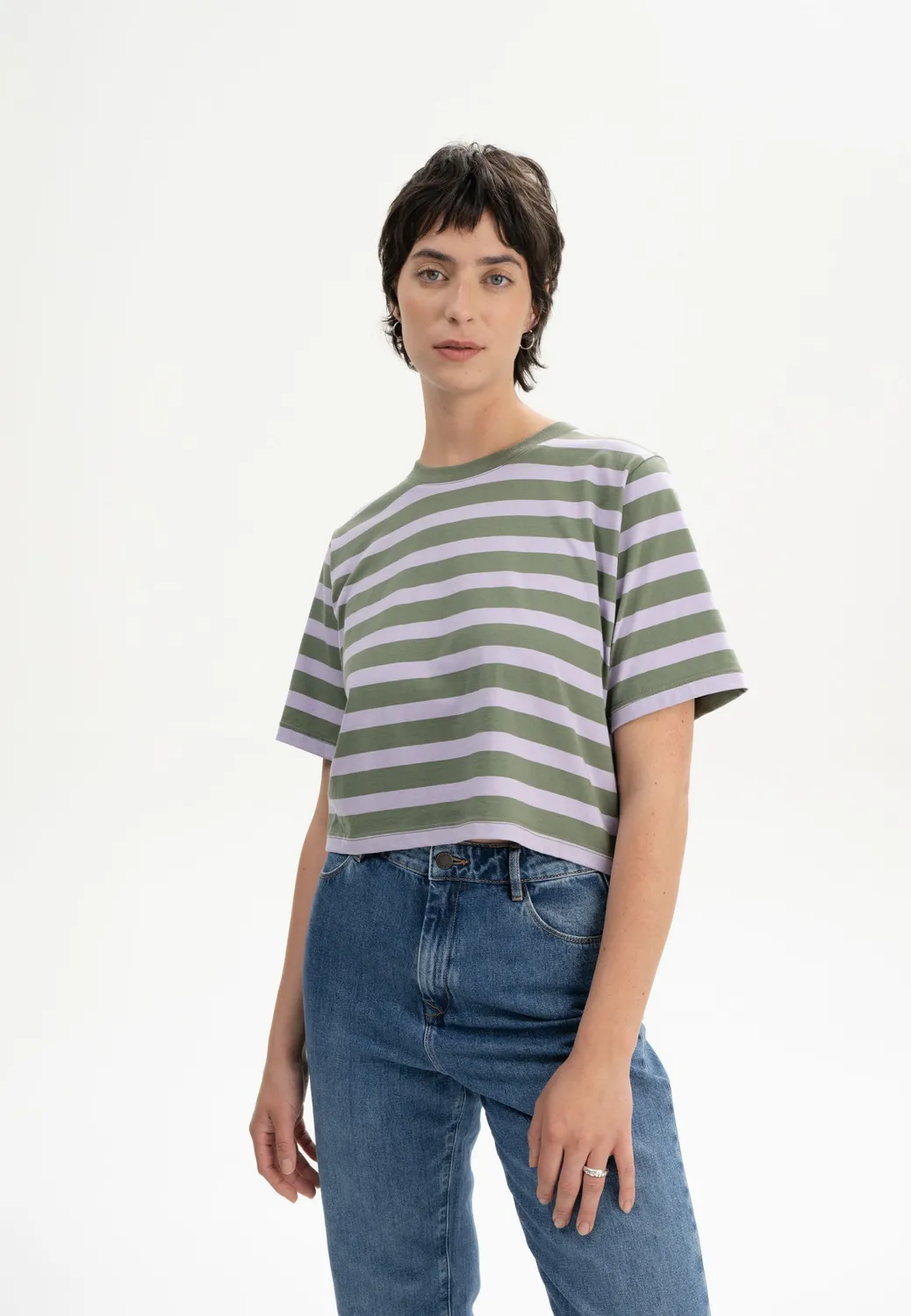 MELA DESNA Stripes Cropped T-Shirt thymian gestreift Baumwolle