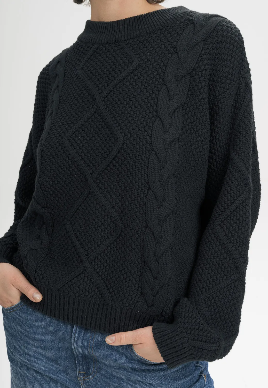 MELA SAMAIRA Zopfstrickpullover schwarz M Baumwolle