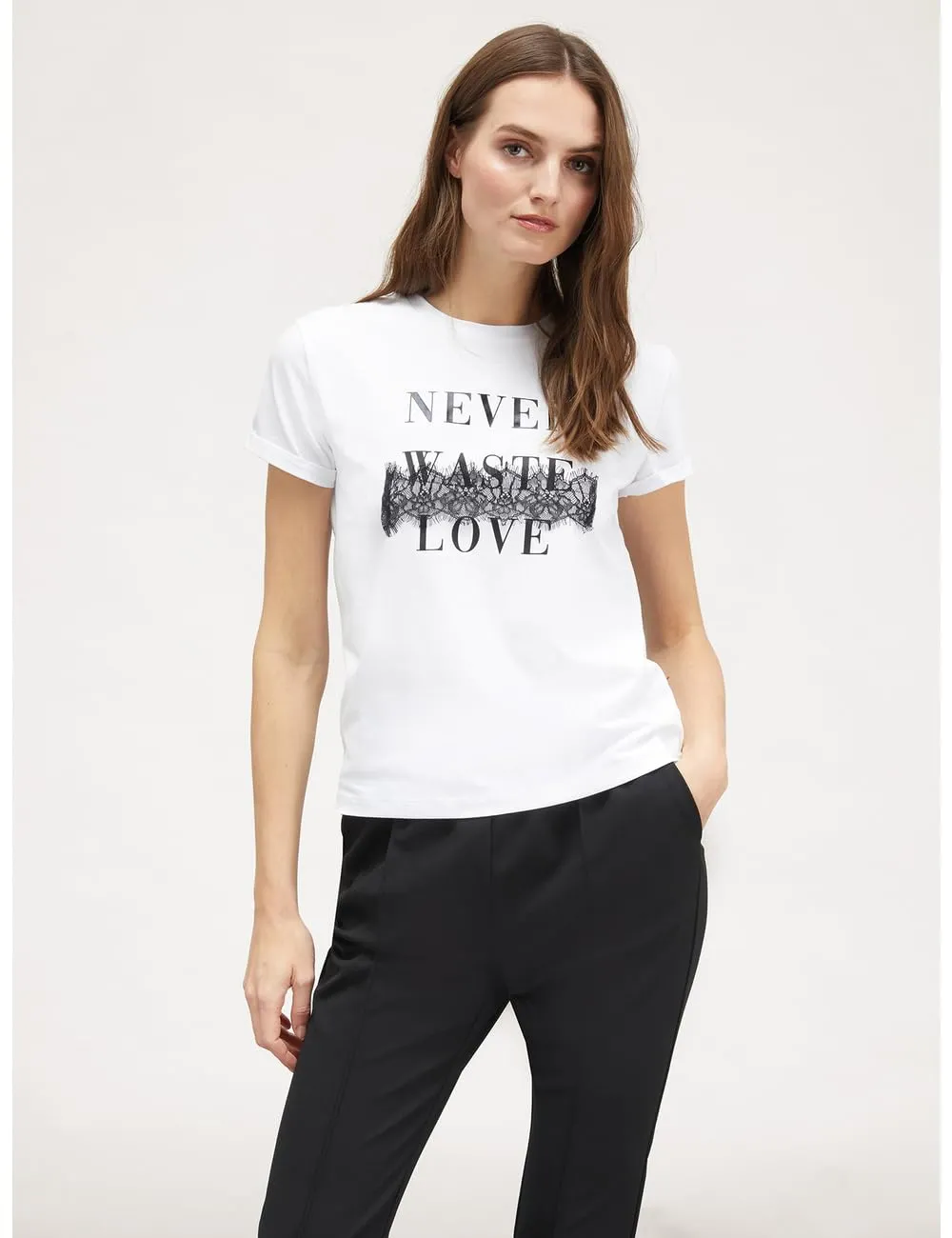 Motivi Spring Summer 24 T-Shirt Schriftzug Baumwolle Spitze