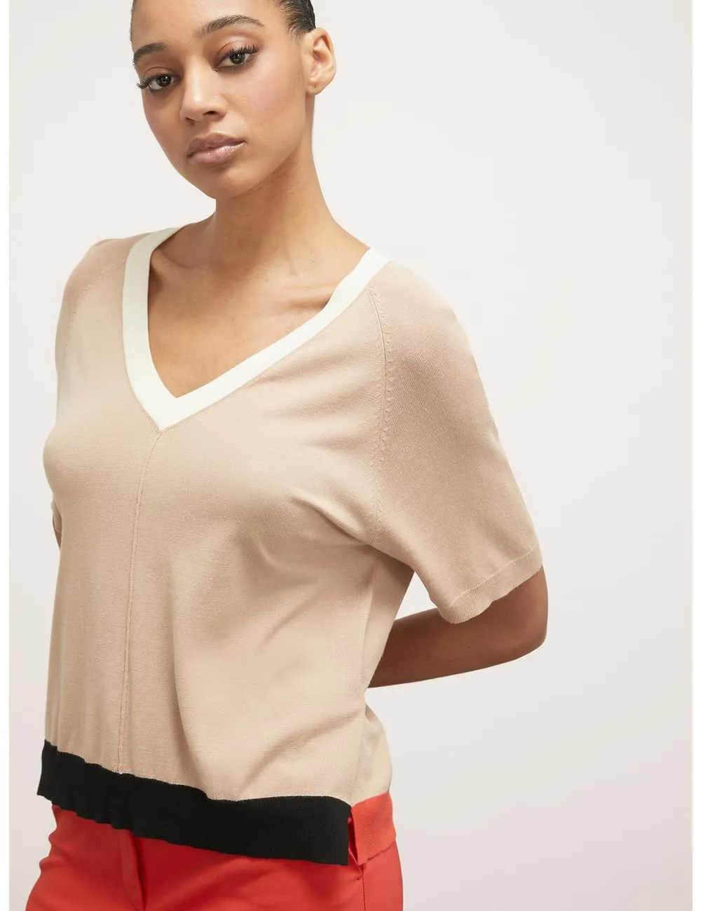 Motivi Pullover V-Ausschnitt Kontrast Pullover Kurzarm