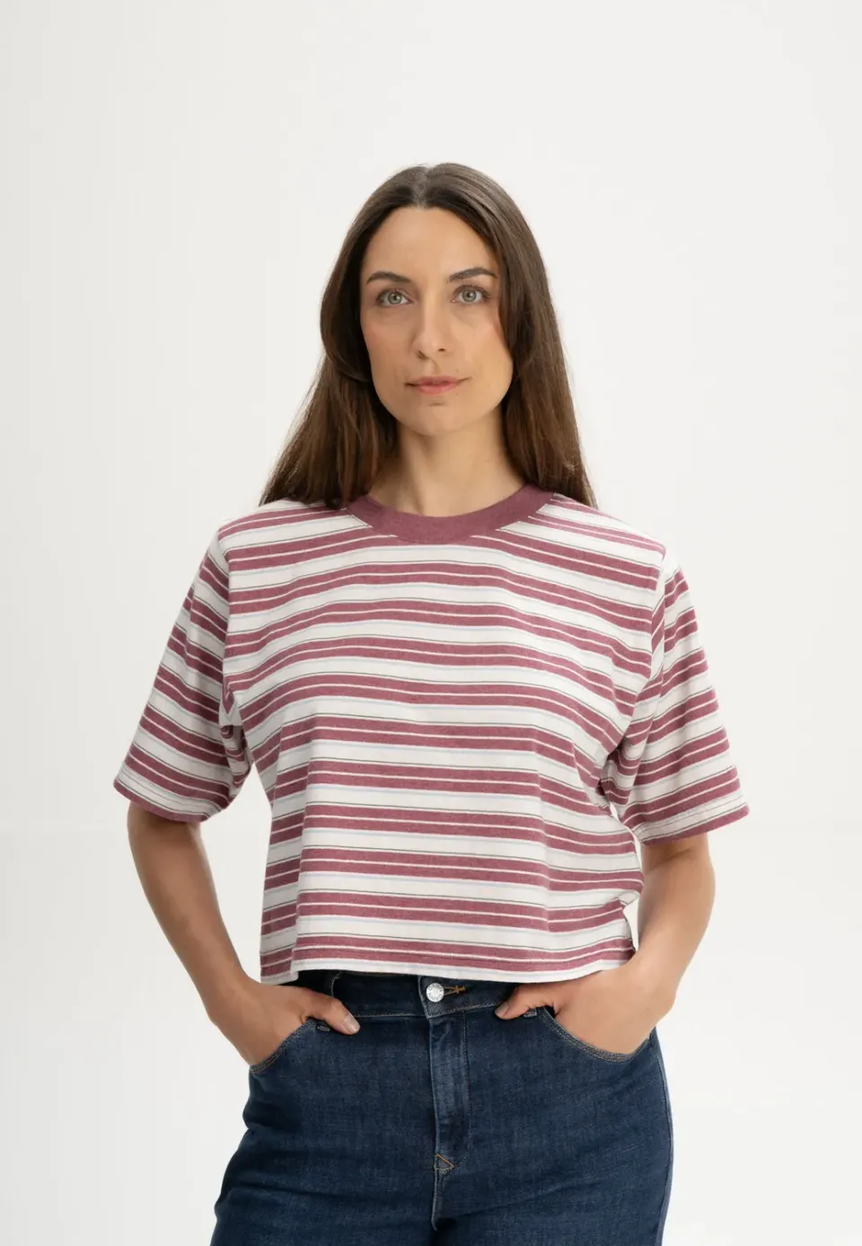 MELA DESNA Stripes Cropped T-Shirt thymian gestreift Baumwolle