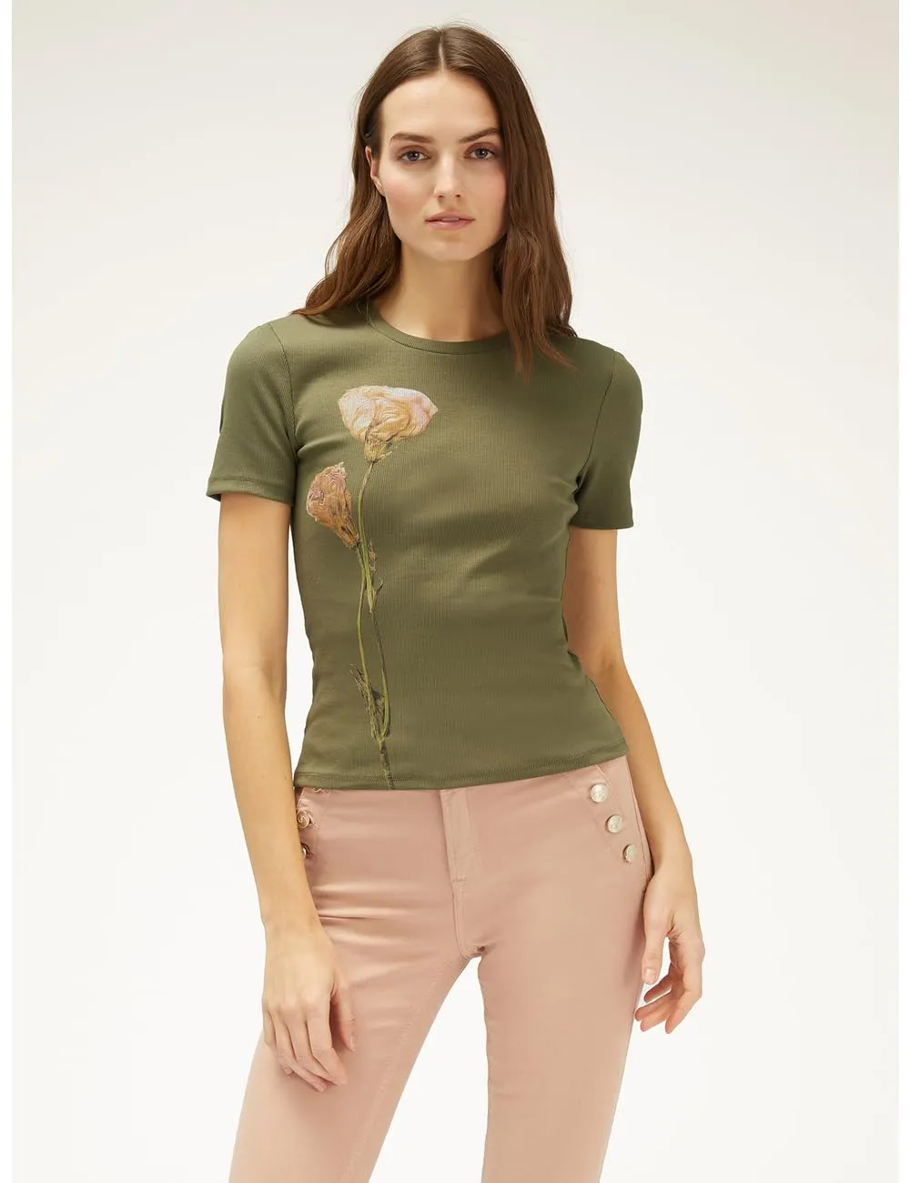 Motivi T-Shirt gerippt Blumenprint schmale Passform