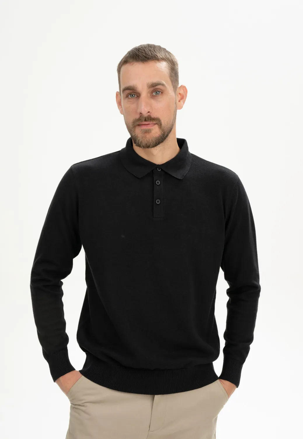 MELA Harish Langarm Strick-Poloshirt schwarz aus Bio-Baumwolle