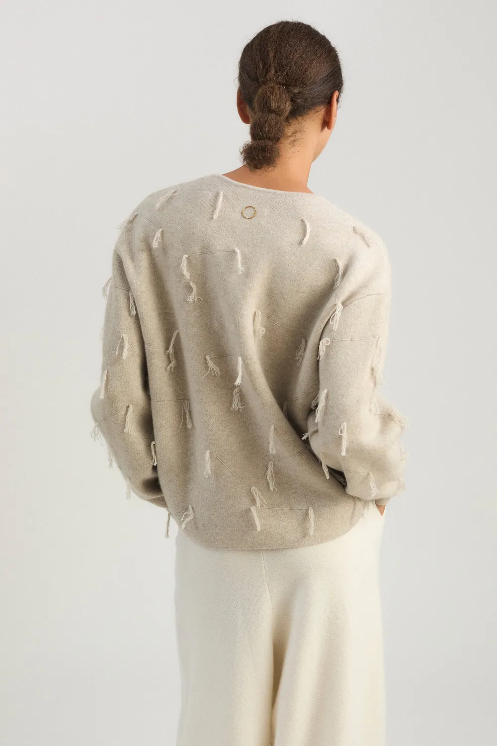 Oyuna Kulan Sweater Feather Jacquard-Strick Fransen Größe M