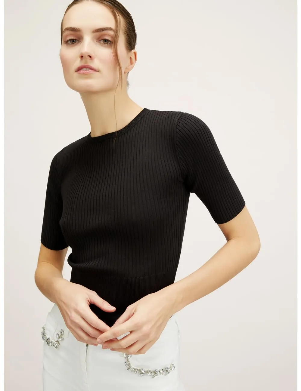 Motivi Ripp-Pullover Kurzarm Viskose Slim