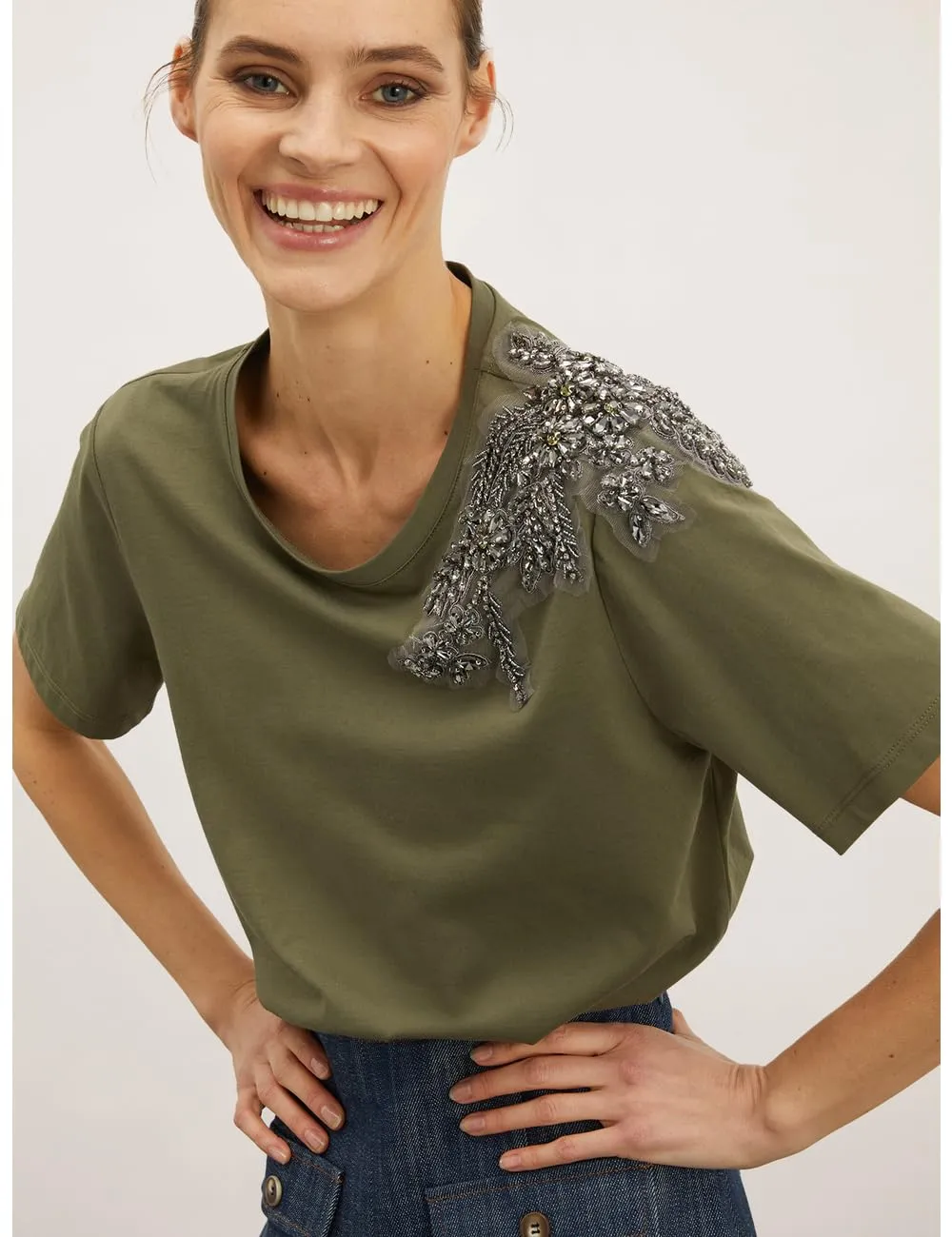 Motivi T-Shirt Boxy Stickerei Baumwolle Steine