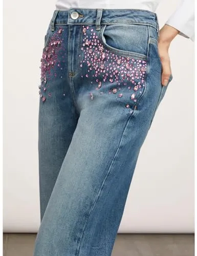 Motivi Jeans mit weitem Bein Schmucksteine mittelblau