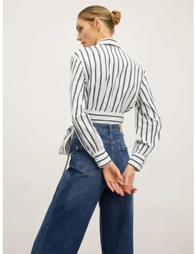 Motivi Gestreifte Cropped-Hemdbluse mit Gürtel