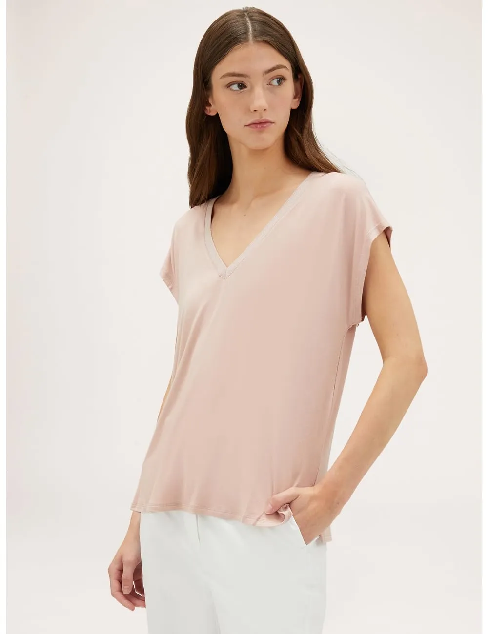 Motivi V-Ausschnitt T-Shirt Viskose Lurex-Bündchen