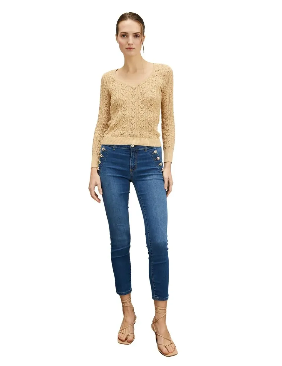 Motivi Spring Summer 24 Pullover V-Ausschnitt Lochmuster