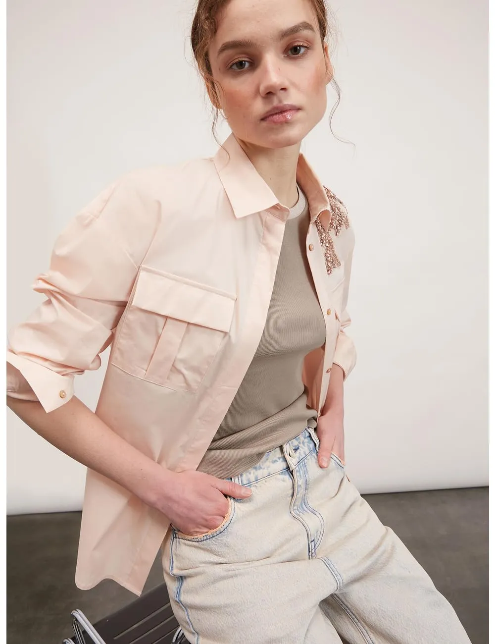 Motivi Hemdbluse Oversize Popeline Stickerei