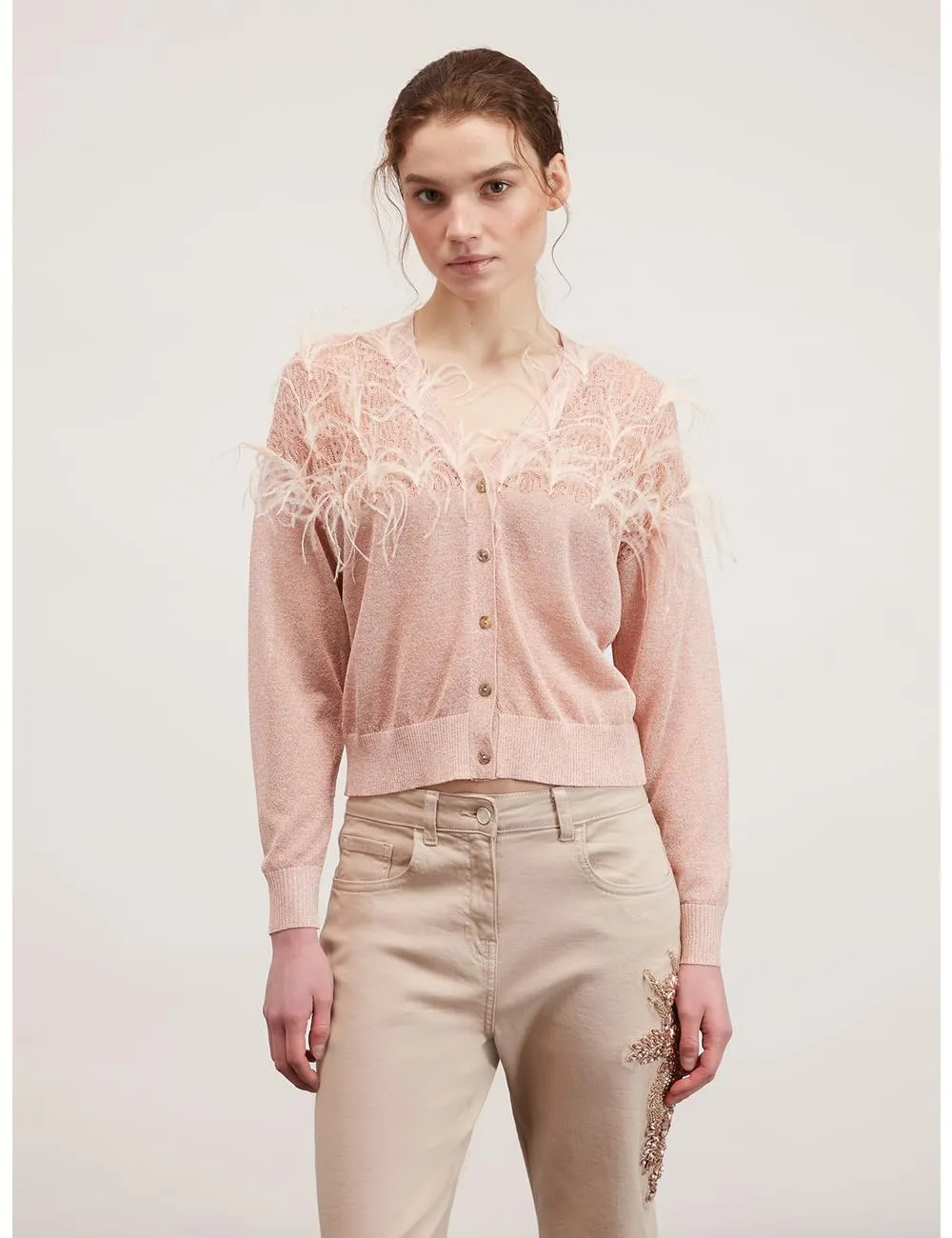 Motivi Cardigan kurz gemustert Federn Lurex