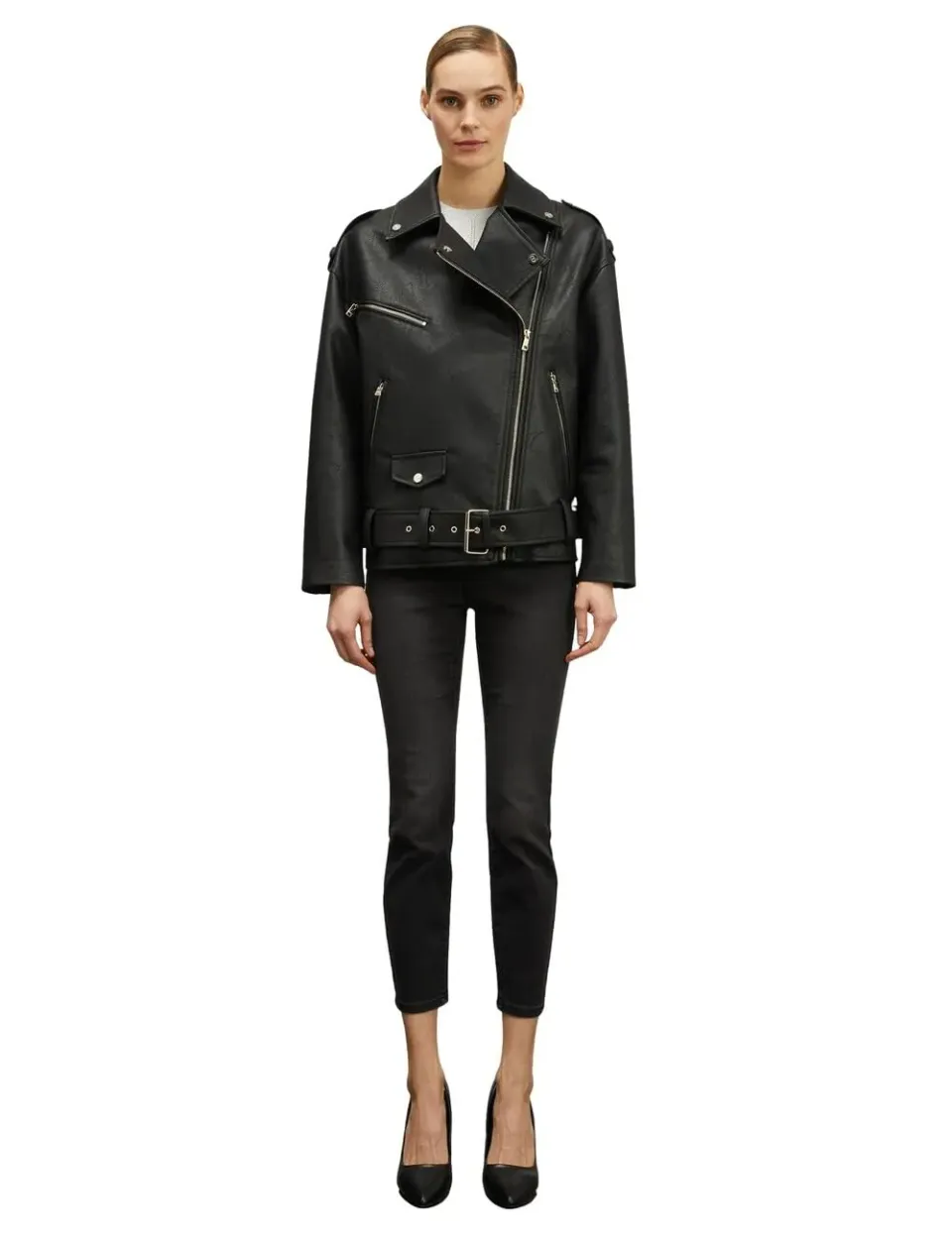 Motivi Oversize-Bikerjacke Leder-Optik XS Nieten