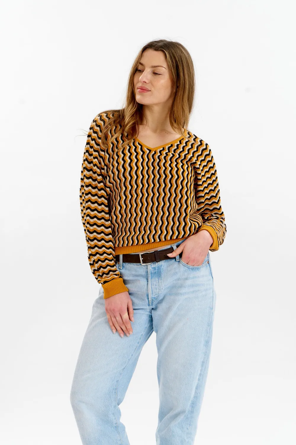 KOMODO CLOVER Pullover Senf Pointelle Bio