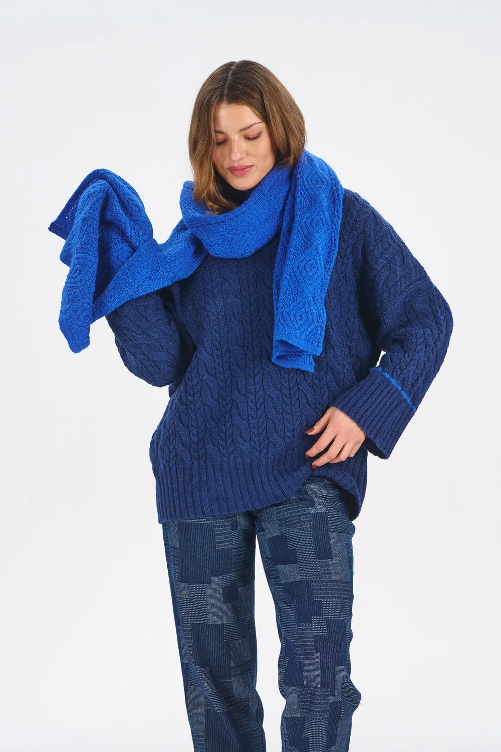 Komodo Lobouche Schal Zopfstrick Blau Lammwolle