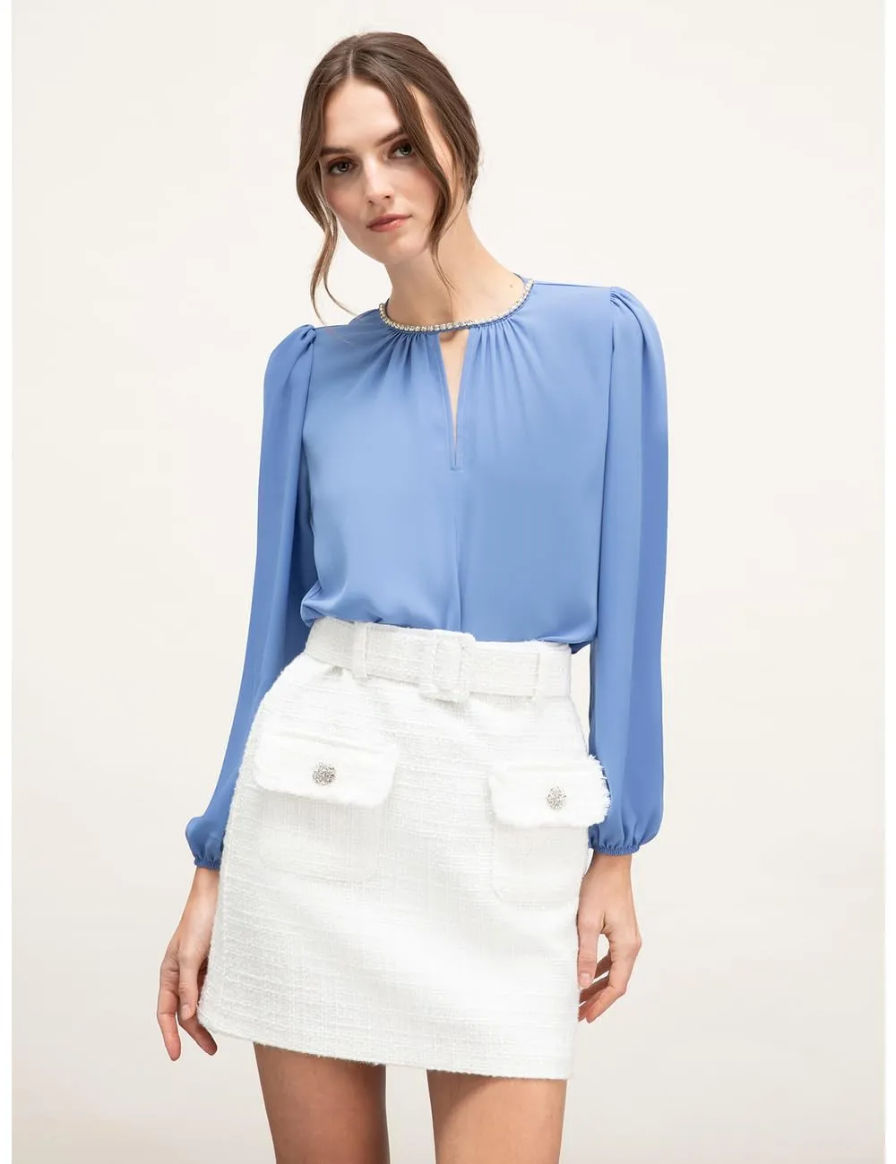 Motivi Bluse Damen mit Kristallsteinen Langarm