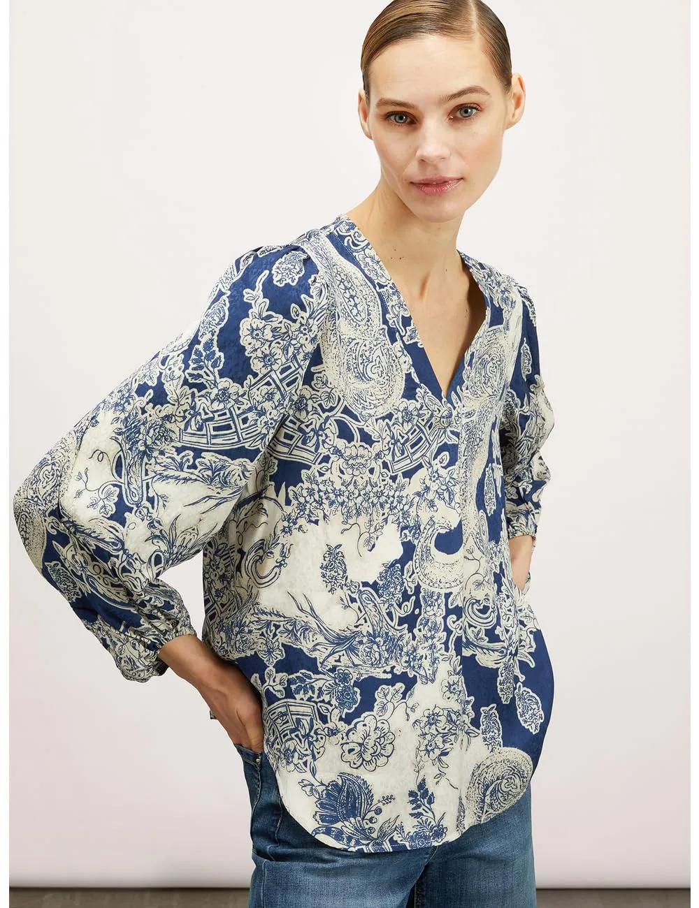 Motivi Jacquard-Bluse V-Ausschnitt Damen langarm