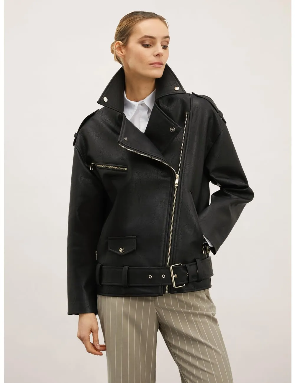 Motivi Oversize-Bikerjacke Leder-Optik XS Nieten