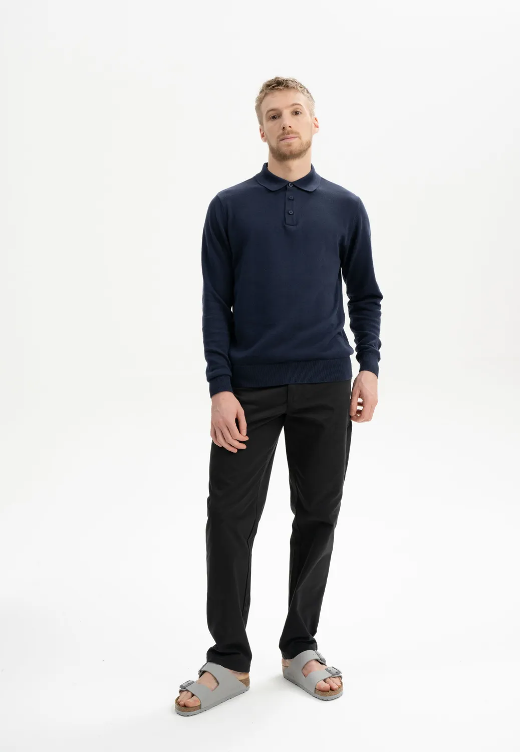 MELA Harish Langarm Strick-Poloshirt schwarz aus Bio-Baumwolle