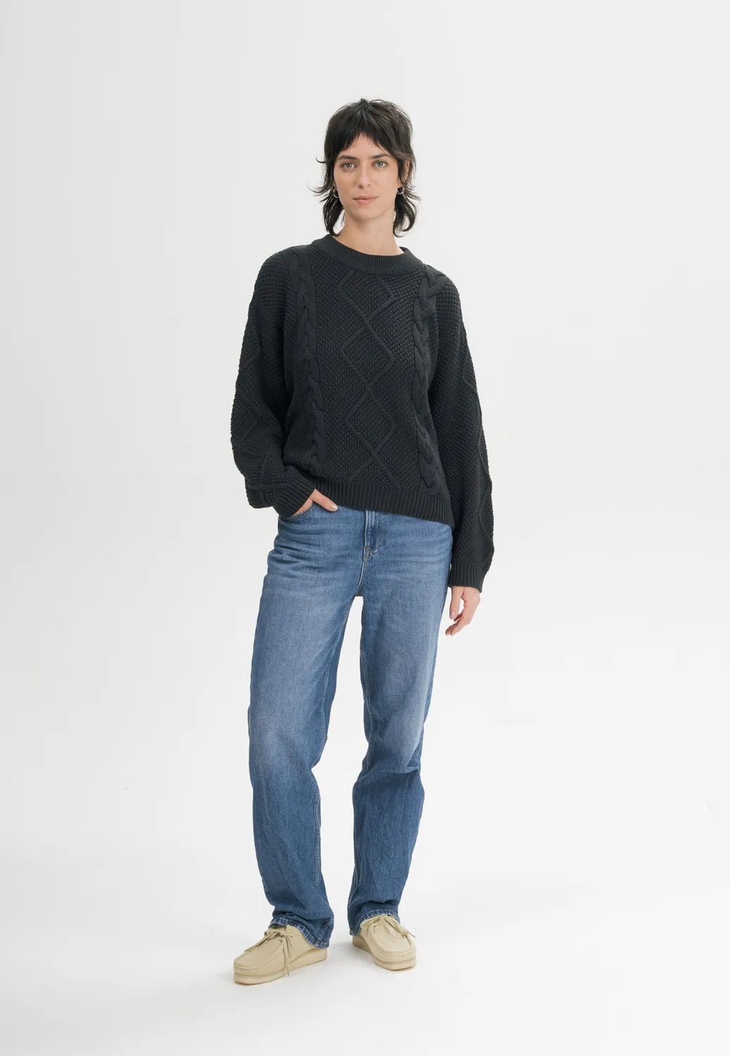 MELA SAMAIRA Zopfstrickpullover schwarz M Baumwolle