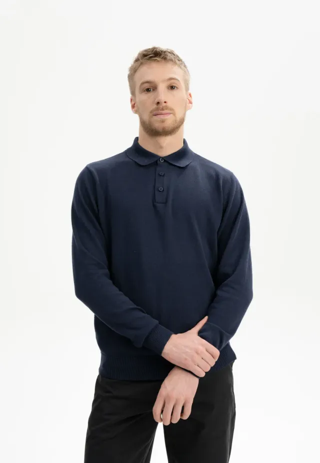 MELA Harish Langarm Strick-Poloshirt schwarz aus Bio-Baumwolle