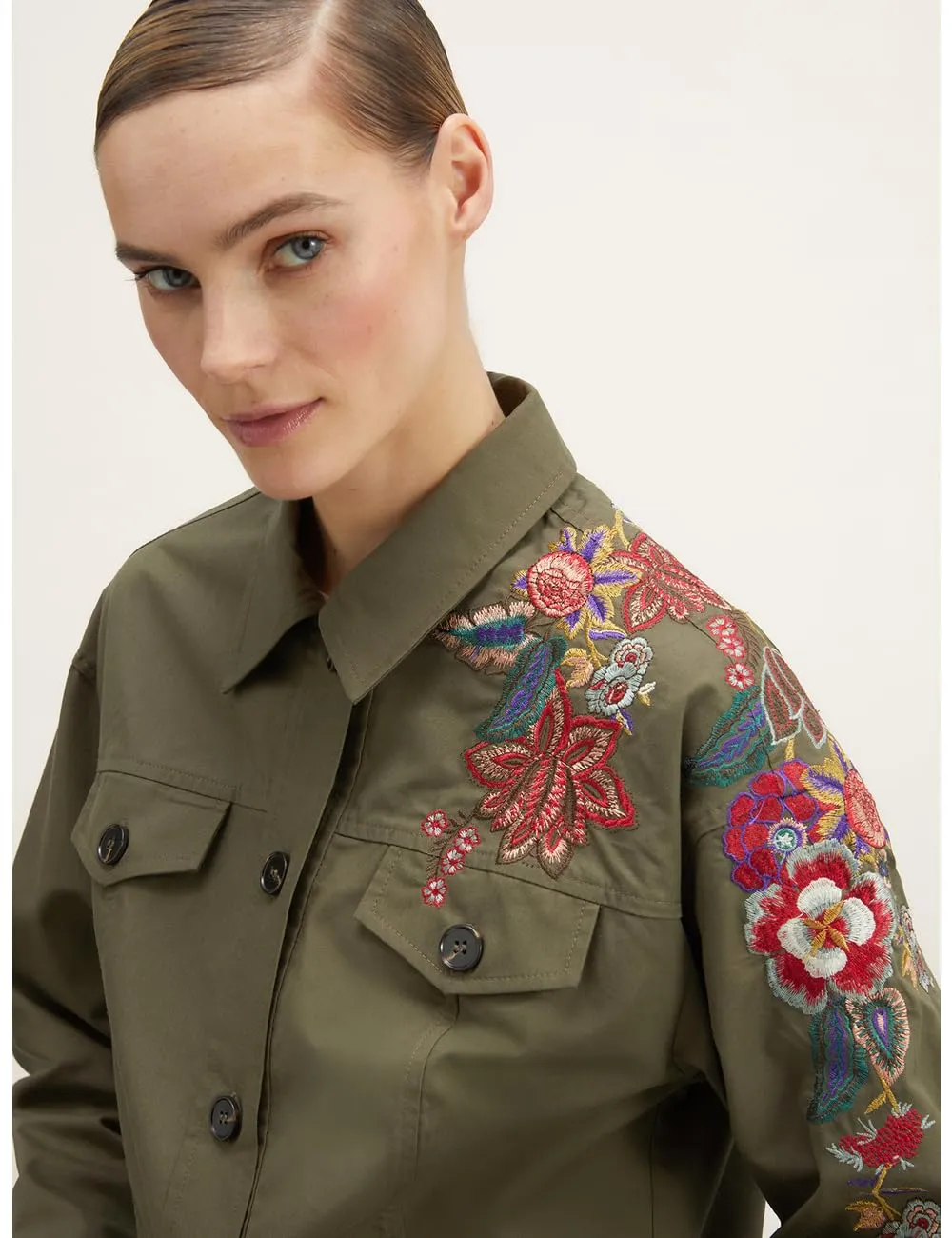 Motivi kurze Jacke mit Blumenstickerei Baumwolle Fransensaum