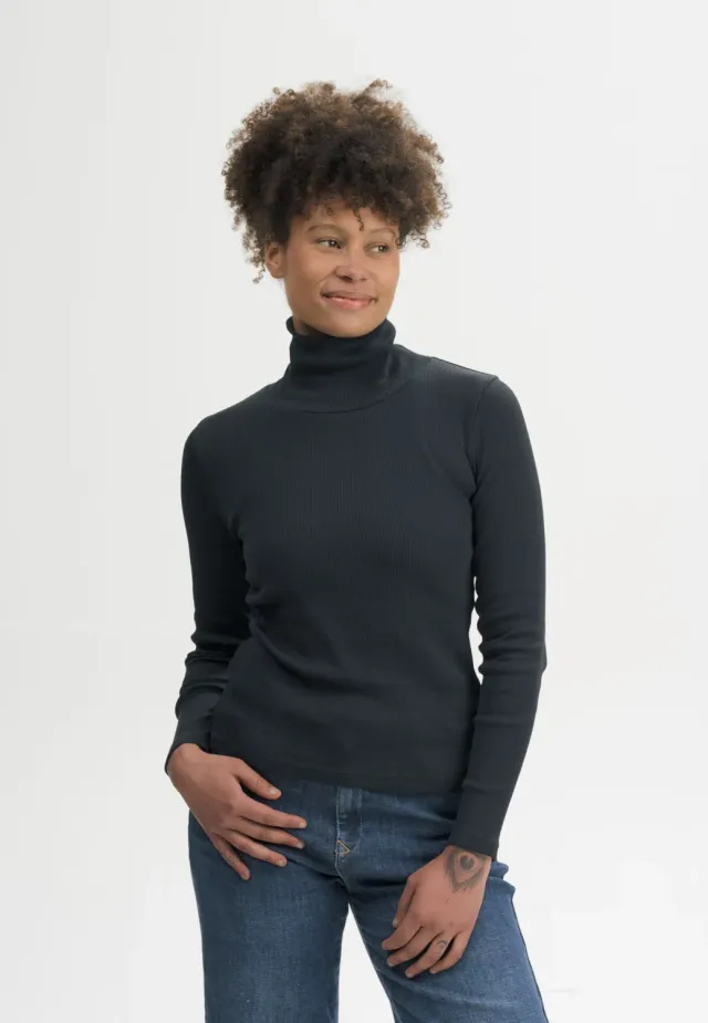 MELA MUNLI Ripp Rollkragen Langarmshirt schwarz Baumwolle