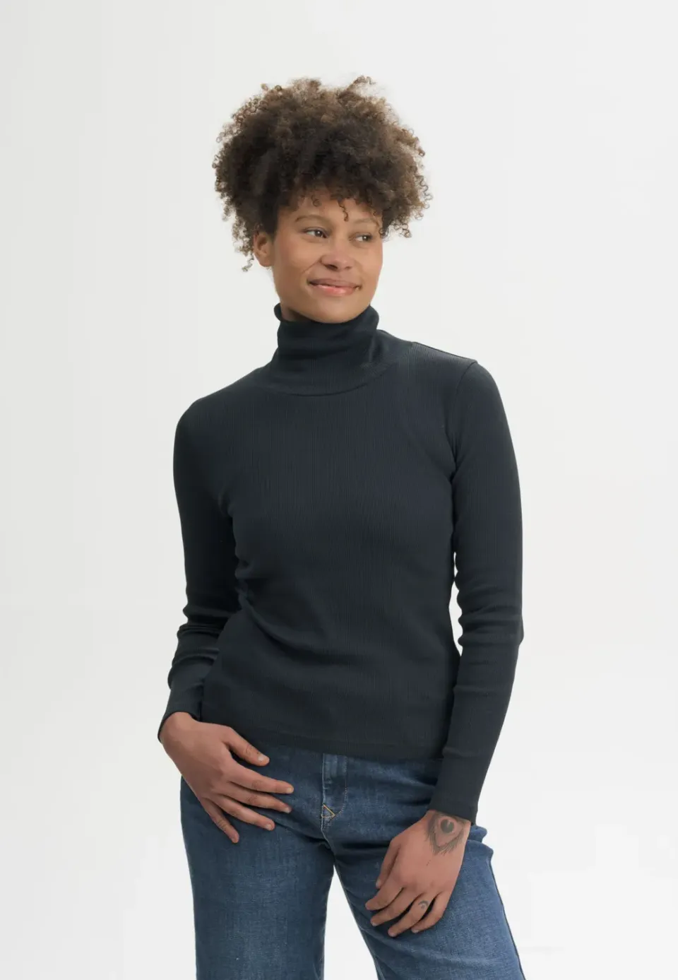 MELA MUNLI Ripp Rollkragen Langarmshirt schwarz Baumwolle