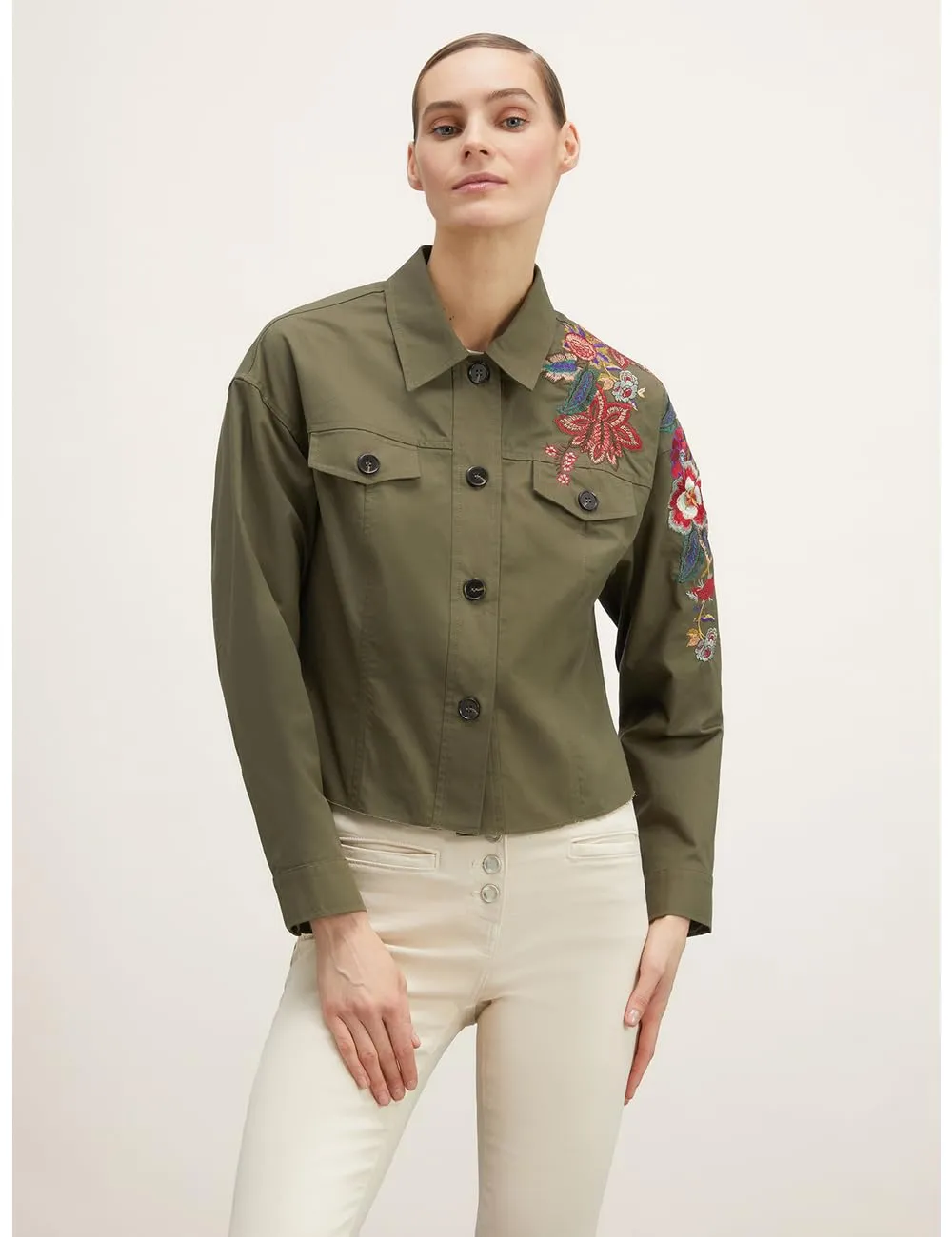 Motivi kurze Jacke mit Blumenstickerei Baumwolle Fransensaum